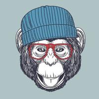 schimpans apa handritad bär en röd glasögon och mössa vektor