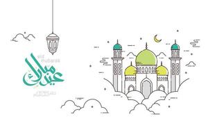 eid mubarak gratulationskort i linjestil med moskén och den arabiska kalligrafin vektor