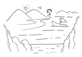 hand gezeichnete skizze von bergen mit sonne, boot und seevektorillustration. vektor