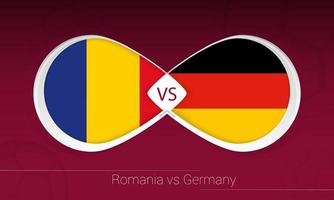 Rumänien gegen Deutschland im Fußballwettbewerb, Gruppe j. gegen Symbol auf Fußballhintergrund. vektor