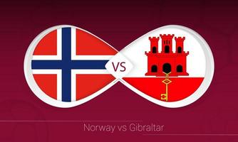 norwegen gegen gibraltar im fußballwettbewerb, gruppe g. gegen Symbol auf Fußballhintergrund. vektor