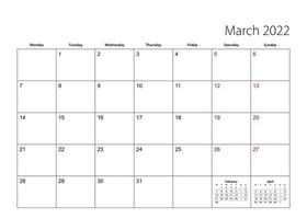 März 2022 einfacher Kalenderplaner, die Woche beginnt am Montag. vektor
