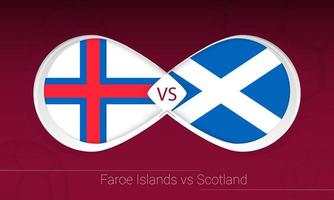 Färöer gegen Schottland im Fußballwettbewerb, Gruppe f. gegen Symbol auf Fußballhintergrund. vektor