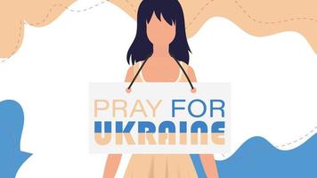 ein mädchen ukrainischer nationalität hält ein banner mit der aufschrift beten für die ukraine in ihren händen. Cartoon-Stil. Vektor. vektor