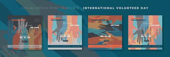 uppsättning av sociala medier post mall med färgglada händer bakgrundsdesign. internationella volontärdagen malldesign. bra mall för volontärdesign. vektor