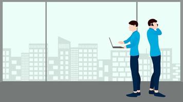 Mann mit Laptop und Mann beim Telefonanruf, Geschäftskonzept-Vektorzeichenillustration auf flachem Gebäudehintergrund. vektor