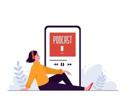 glad kvinna lyssnar på en podcast med hörlurar i bakgrunden av en smartphone. podcast koncept vektor