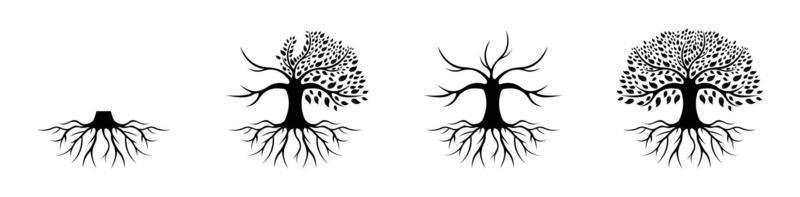 Baum des Lebens-Logo-Design-Inspiration isoliert auf weißem Hintergrund, schwarzes Eichen-Logo und Wurzel-Design-Vektor-Illustration