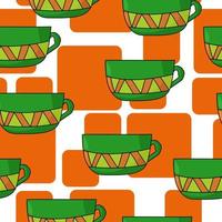 Grüne Tasse mit nahtlosem Streifenmuster, gemütlicher Becher im Cartoon-Stil auf einem Hintergrund aus leuchtend orangefarbenen Quadraten vektor