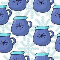 blå kopp med kontur snöflinga sömlöst mönster, mysig mugg i tecknad stil på en bakgrund av utsmyckade snöflingor vektor
