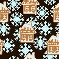nahtloses muster des lebkuchenhauses, weihnachtslebkuchen und schneeflocken auf einem dunkelbraunen hintergrund vektor