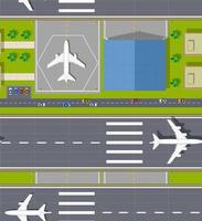 Draufsicht des nahtlosen Musterflugzeugflughafens. terminal mit flugzeug und flugzeug. hintergrund stadtplan muster straßen, landebahn und gebäude. vektor