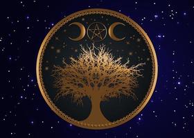 Baum des Lebens Wicca-Zeichen-Mandala, goldenes mystisches Mondpentagramm, heilige Geometrie, goldener Halbmond, halbmondförmiges heidnisches Wicca-Dreifach-Göttinsymbol, Vektor einzeln auf blauem Sternenhimmelhintergrund