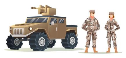 mann und frau soldatenfiguren mit militärfahrzeug-karikaturillustration vektor