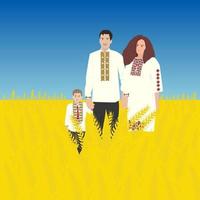 glücklich lächelnde ukrainische familie in vyshyvanka im weizenfeld vektor