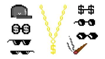 Rapper-Zubehör-Pixel-Icon-Set. stilvolle Mütze mit Brille Dollar und Raucherzigarette stilvolles Goldkettensymbol schwarze Vektorgrafiken vektor