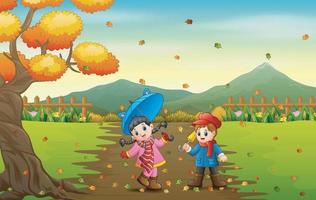 barn som leker med höstens fallna löv i parken vektor