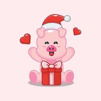 süßes schwein glücklich mit weihnachtsgeschenk vektor