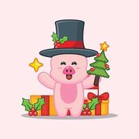 süßes schwein, das stern und weihnachtsbaum hält vektor