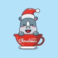 süßes nashorn mit weihnachtsmütze in der tasse vektor