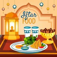 Iftar-Essen zum Fasten mit Datteln und Samosa vektor