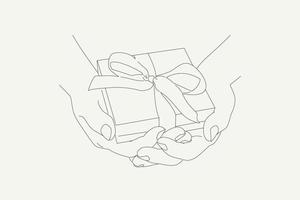 händer som håller gåva i låda. presentförpackning med en rosett i händerna. två händer ger en gåva. linje stil vektor illustration.