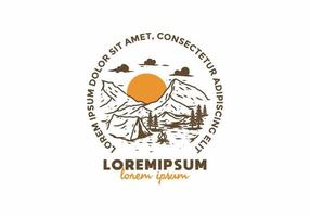 braune Farbe der Bergcamping-Strichzeichnung mit Lorem-Ipsum-Text vektor