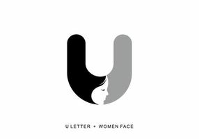 svart grå färg på u initial bokstav med kvinnors ansiktsform vektor