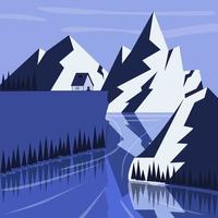 snölandskap med berg, skogar, flod och snötäckt klipphus. skönheten i vinter nature.vector illustration vektor