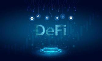 defi decentraliserad finansiering för utbyte cryptocurrency.finance system, block chain och walllet.blue mörk teknologisystem med alt mynt vektor ikon.