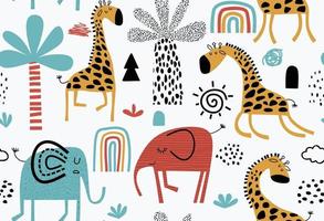 färgglada sömlösa mönster med söta elefanter och giraffer. vektor