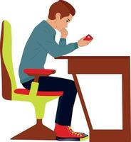 netter kerl sitzt an einem tisch und hält ein telefon in den händen. Computerstuhl, weißer Hintergrund. Arbeitstag, auf der Suche nach Lösungen vektor