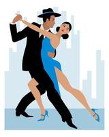 Illustration, ein tanzendes Paar, ein Mann in Schwarz und eine Frau in einem blauen Kleid auf einem abstrakten Hintergrund. Plakat, Druck, Postkarte