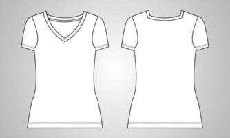 V-Ausschnitt, normale Passform, kurze Ärmel, stilvolles Hemd für Damen. insgesamt technische mode flache skizzenvektorvorlage vorder- und rückansicht. kleidung t-shirt flache zeichnung vektor mock-up.