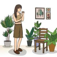 Frau und Pflanzen im Wohnzimmer, minimalistische Inneneinrichtung. vektor