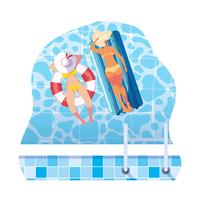 Mädchen mit Badeanzug im Bademeister und Matratze schwimmt im Wasser vektor
