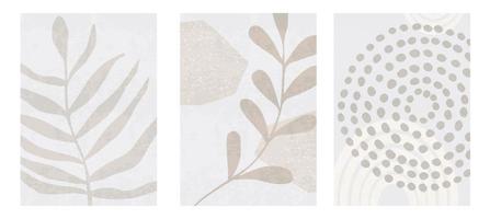 uppsättning av tre botaniska affischer vektorillustration. bladteckning och abstrakta former. minimal, naturlig, löv och ormbunkar konsttryck. abstrakt växtdesign för bakgrund, tapeter, kort, väggkonst vektor
