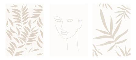 uppsättning av tre abstrakta minimalistiska affischer med kvinnans ansikte, löv och grenar. lövverk ritning, naturliga konsttryck vektorillustration. växtdesign för bakgrund, tapeter, kort, väggkonst vektor