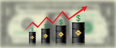 der Ölpreis steigt. Barrel Öl, Dollar und Infografiken mit einem roten Pfeil nach oben. Konzept der steigenden Rohölpreise, Vektorillustration isoliert auf verschwommenem Ein-Dollar-Hintergrund vektor