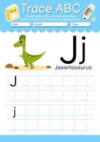 alphabet spur buchstabe a bis z vorschularbeitsblatt mit dinosauriertyp vektor