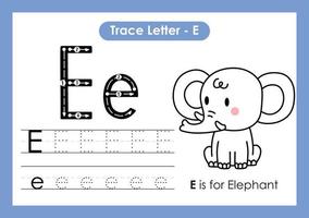 alfabetet spåra bokstaven a till z förskola arbetsblad med bokstaven e elefant vektor