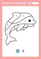 Malen nach Zahlen-Arbeitsblatt für Kinder, die Zahlen lernen, indem sie Delfine färben vektor
