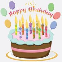 grattis på födelsedagen tårta med ljus och färgglada ballonger vektor