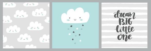 Set mit 3 Babykarten in Grau und Blau. süße lächelnde wolke, sterne und wolkenmuster. Traum großer kleiner Schriftzug. Skandinavische Kinderzimmerkunst für Jungen. geschlechtsneutrales Kartendesign für Babyparty. vektor