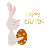 glad påsk färgat gratulationskort med kanin håller färgat ägg. vektor vykort med söt kanin.