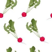 röd rädisa vektor stock illustration. seamless mönster. grönsak med gröna blad. rotfrukt. salladsdressing. för omslagspapper. idealisk för tapeter, ytstrukturer, textilier.