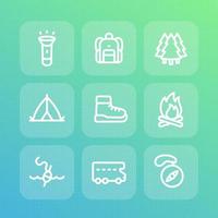 camping linje ikoner set, ryggsäck, vandring, vandring, skog, kompass, tält, fiske, husbil vektor