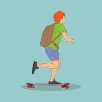 en man som använder en väska går på sin skateboard. tecknad minimal stil. platt vektorillustration vektor