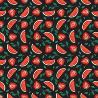 Nahtloses Muster mit roten Erdbeeren, Wassermelonen und Blättern. süßer Sommer- oder Frühlingsdruck mit Beeren auf dunklem Hintergrund. festliche Dekoration für Textilien, Geschenkpapier. flache vektorillustration vektor