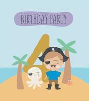 födelsedagsfest, gratulationskort, festinbjudan. barnillustration med liten pirat och en inskription fyra. vektor illustration i tecknad stil.